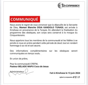 Communiqué du déces de Maman Blanche Tunasi